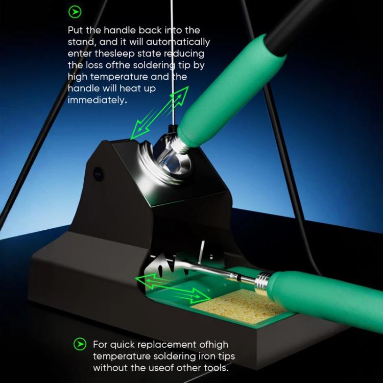 Soldering station stand with green handle showing plug-and-pull tip replacement
