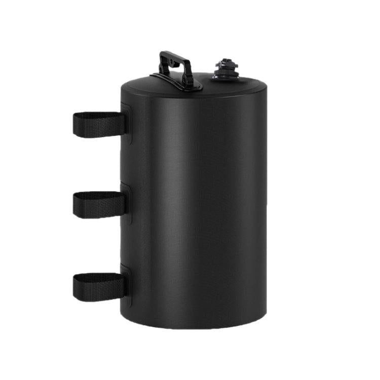 Black cylindrical water-filled tent weight bag with two top caps and three side straps
