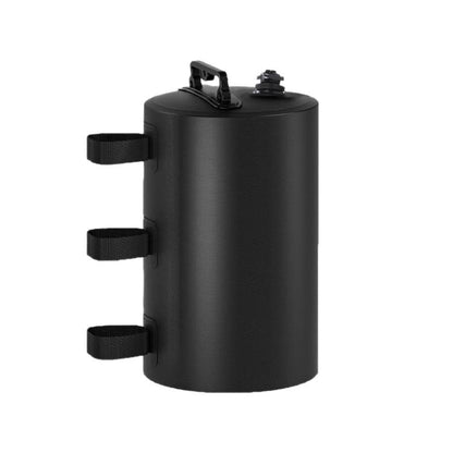 Black cylindrical water-filled tent weight bag with two top caps and three side straps