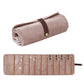 Pink brown suede-look roll-up jewelry organizer bag with brown strap and compartment grids