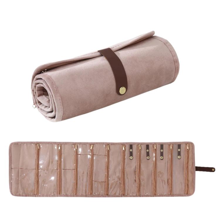 Pink brown suede-look roll-up jewelry organizer bag with brown strap and compartment grids