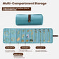 Light blue roll-up jewelry organizer bag with multi-compartment layout for rings and necklaces