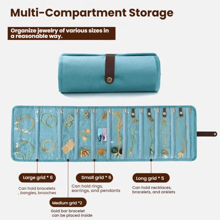 Light blue roll-up jewelry organizer bag with multi-compartment layout for rings and necklaces