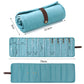 Light blue roll-up jewelry organizer bag with strap, dimensions, and open pocket layout