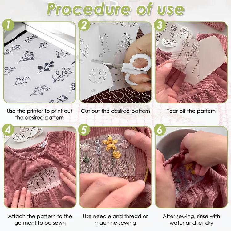 Embroidery transfer paper pattern attached to fabric for sewing