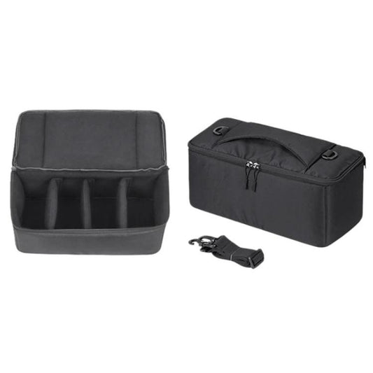 Black fishing reel storage bag with padded dividers and zippered top
