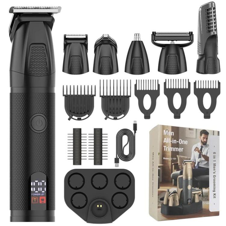 Black electric hair clipper kit with multiple guards, trimmer heads, and combs