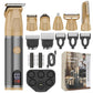 Gold electric hair clipper kit with multiple guards, trimmer heads, and combs
