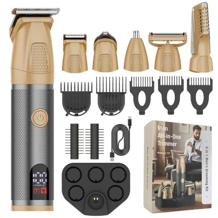Gold electric hair clipper kit with multiple guards, trimmer heads, and combs