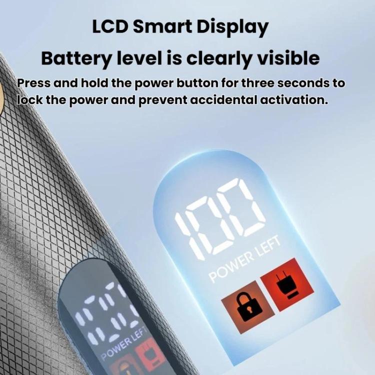Black electric hair clipper with LCD display showing battery level and lock