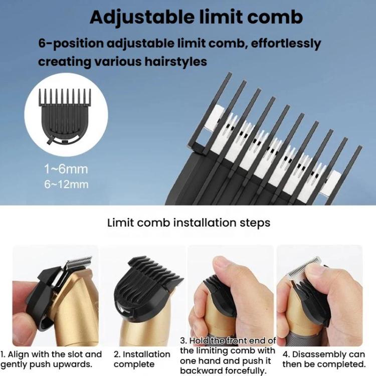 Adjustable limit comb set with 1–6mm and 6–12mm trimming guards