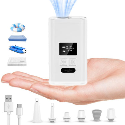 White mini electric air pump with digital display and integrated inflation nozzle