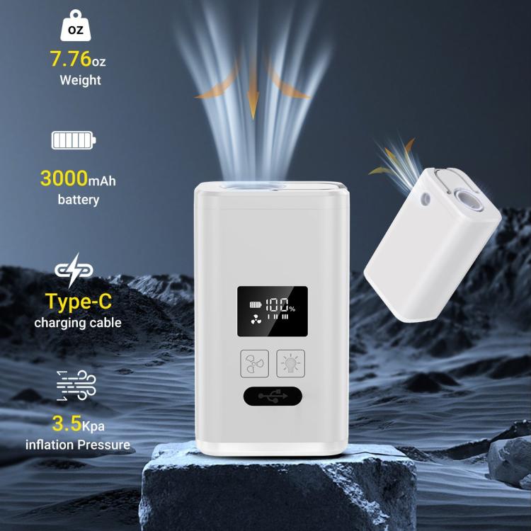 White compact electric air pump with Type-C charging cable and digital display