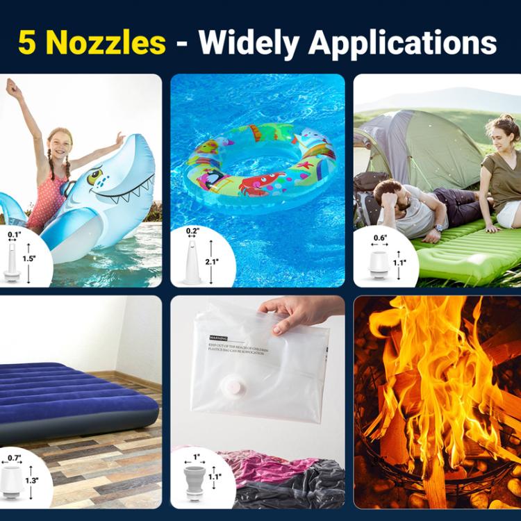 Mini electric air pump kit with five nozzles for inflating inflatable items