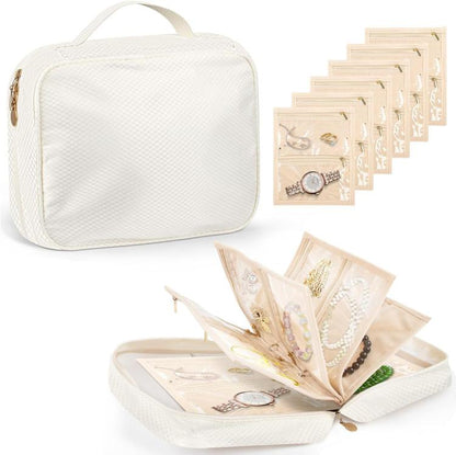 White jewelry organizer case with handle, clear zip pages for rings, earrings, necklaces