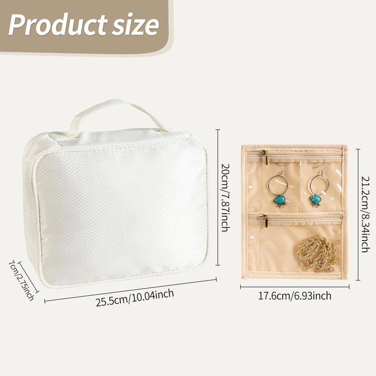 White jewelry organizer case with top handle and clear zipper page, size view