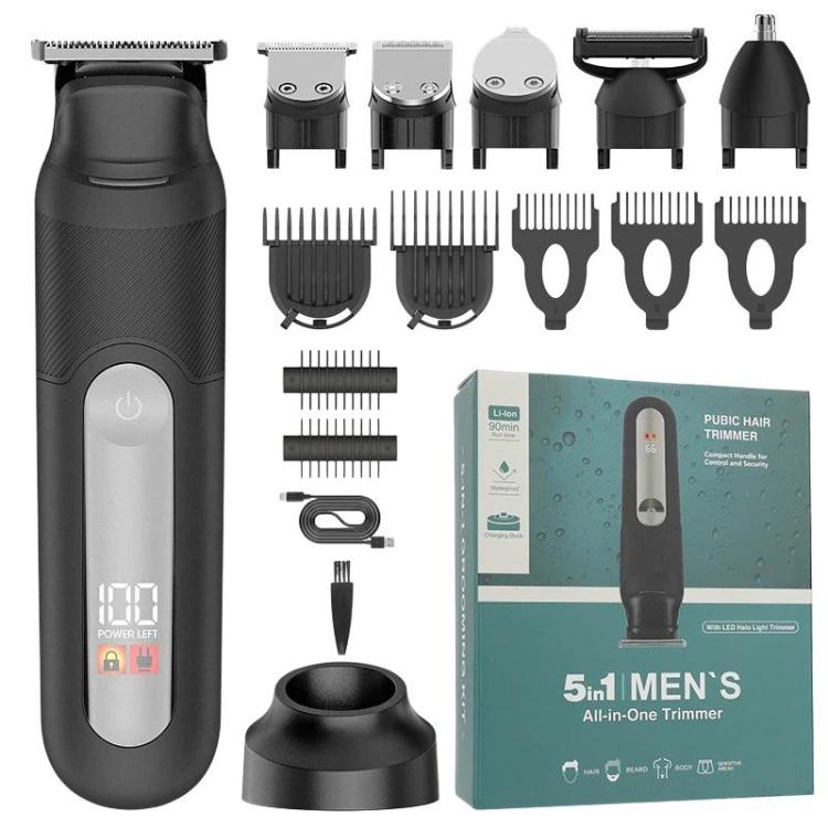 Black 5-in-1 men’s hair and nose trimmer set with multiple guard comb attachments