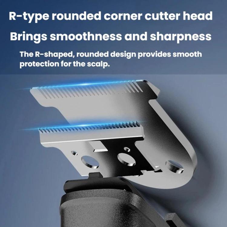 Trimmer cutter head close-up with rounded corner blade for smooth hair trimming
