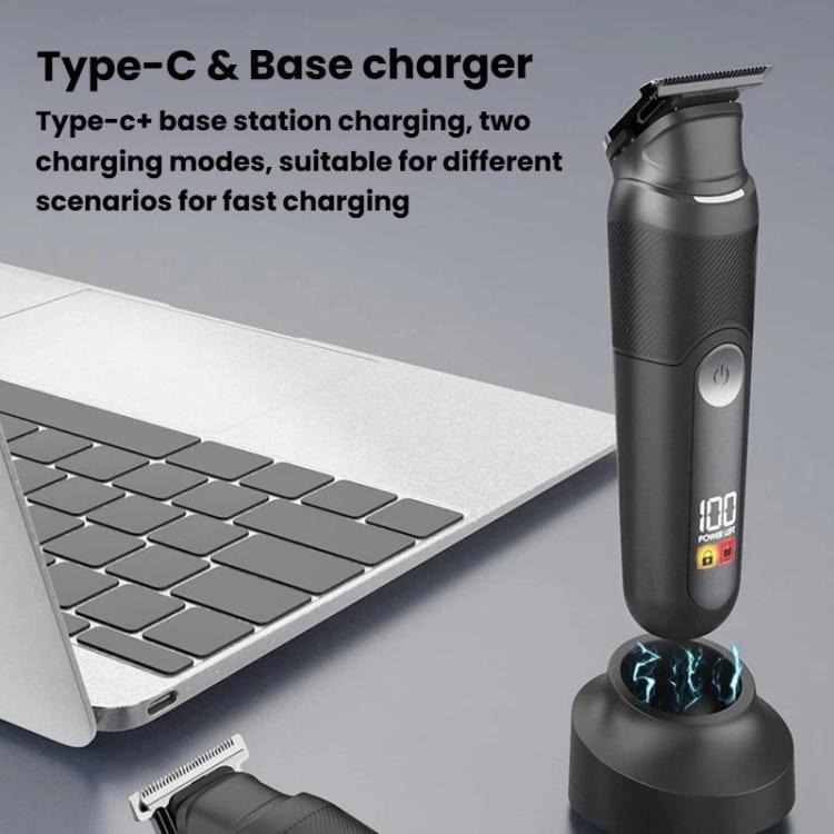 Black trimmer charging on a Type-C base station with charging stand