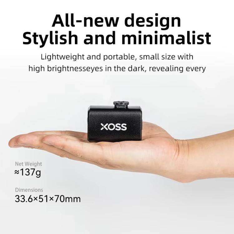 XOSS Mini bike headlight, compact black unit held in palm