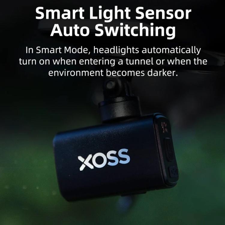 XOSS Mini bike headlight mounted on handlebar, showing front lens