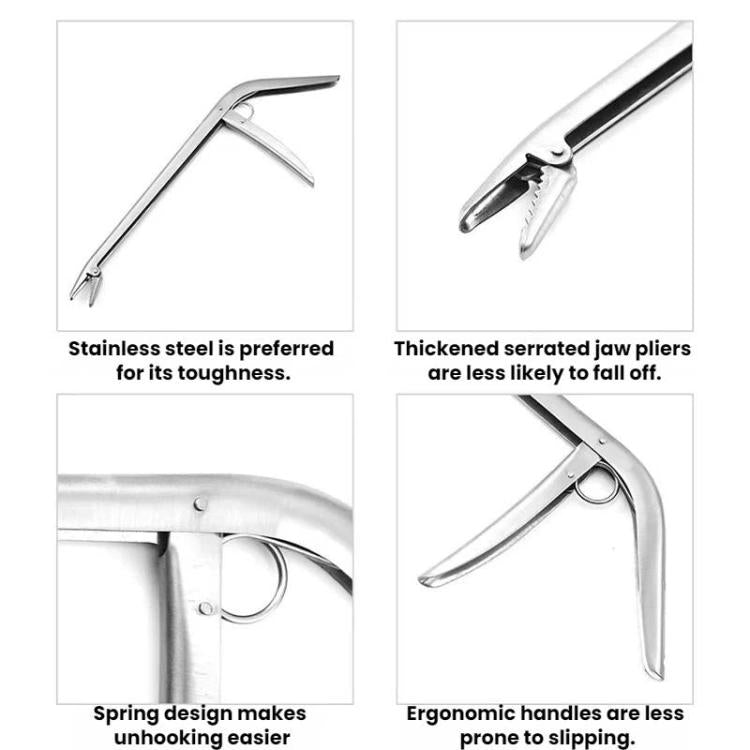Stainless steel fishing pliers with serrated jaws and ergonomic spring handle