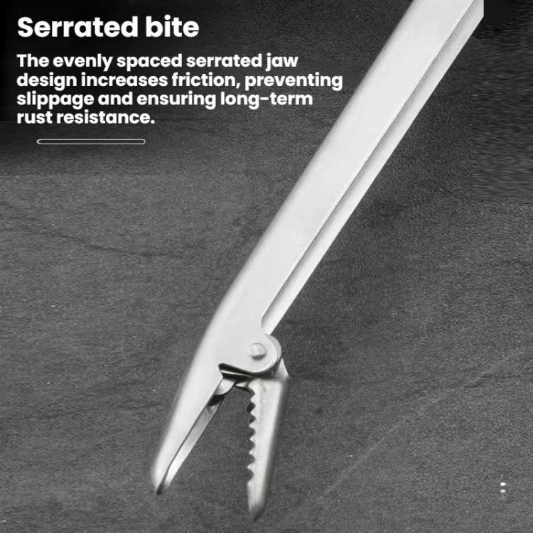 Stainless steel fishing pliers close-up of serrated jaw for better grip