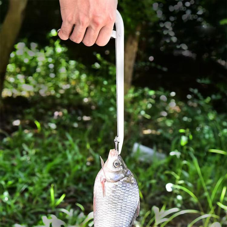 Stainless steel fishing pliers clamping a fish during outdoor fishing