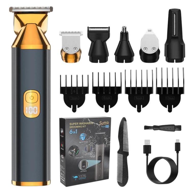 Electric hair clipper with digital display, charging cable, and multiple attachment heads
