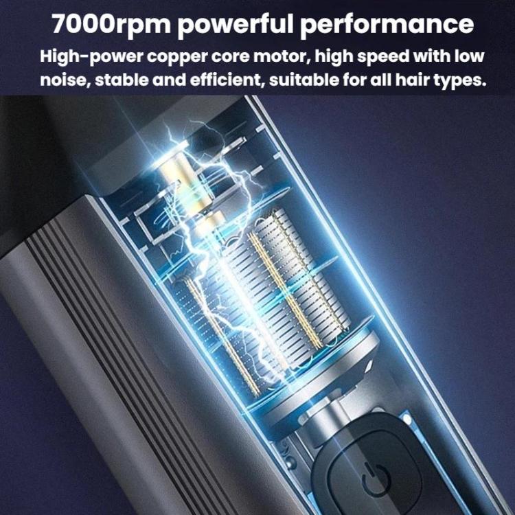 Electric hair trimmer showing internal motor area inside the sleek black body