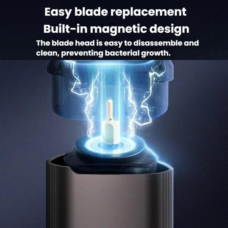 Electric trimmer with detachable blade head and visible blade assembly near the grooming tip