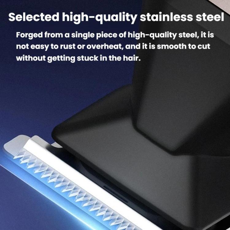 Electric trimmer blade detail with stainless-steel cutting edge and guard
