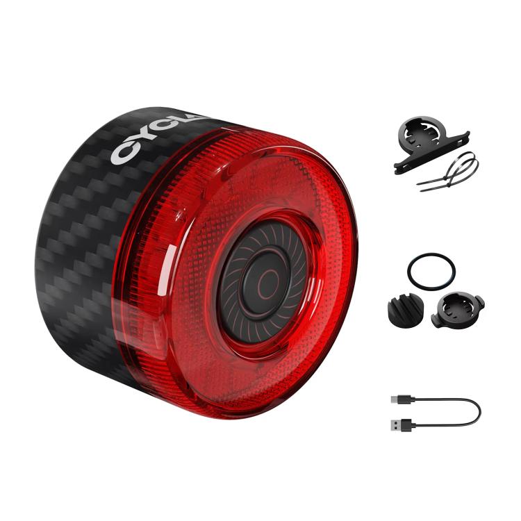 Bicycle rear warning light with carbon fiber housing and red circular LED lens, includes bracket
