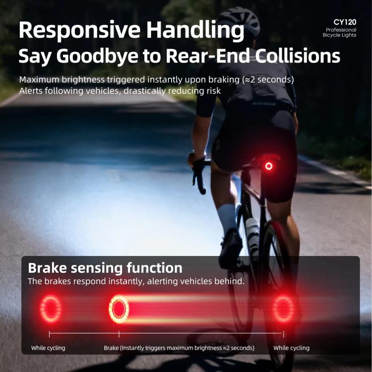 Bicycle rear warning light lit red on the back of a road bike