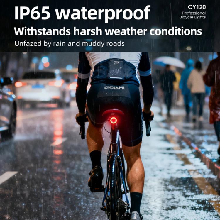 Bicycle rear light glowing red in wet road conditions