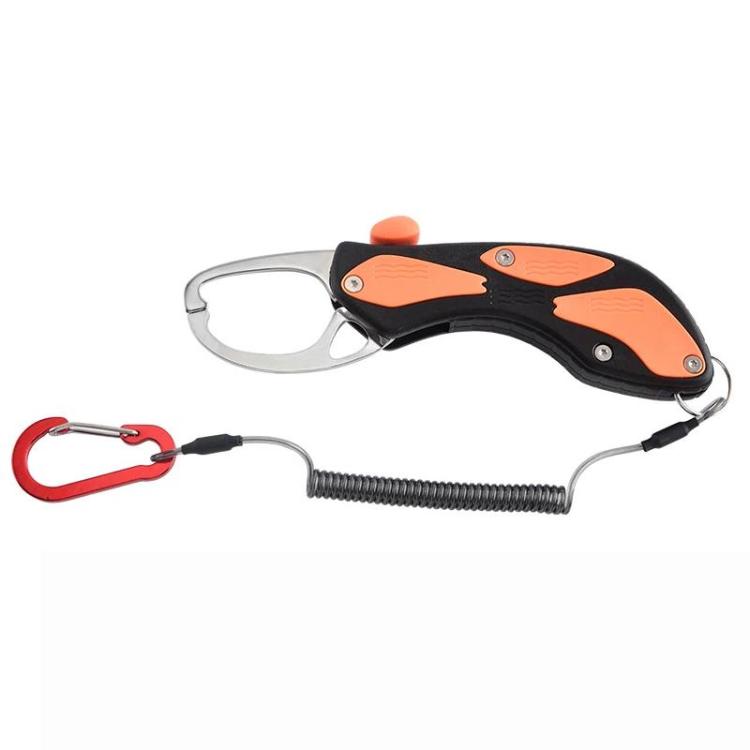 Black and orange fish-shaped spring lure pliers with safety rope and carabiner