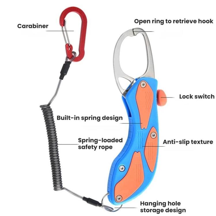 Blue fish handle lure pliers with built-in spring lock switch and anti-slip texture