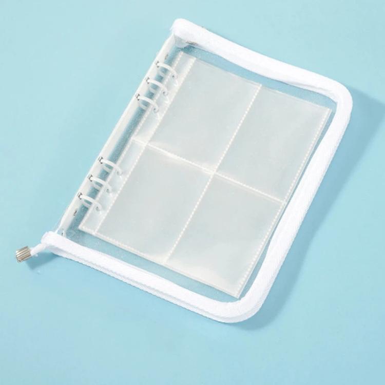 White clear PVC zipper pouch with four-pocket inner pages and binder rings