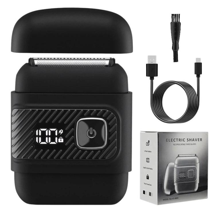 Black reciprocating electric shaver with LCD screen and charging cable set