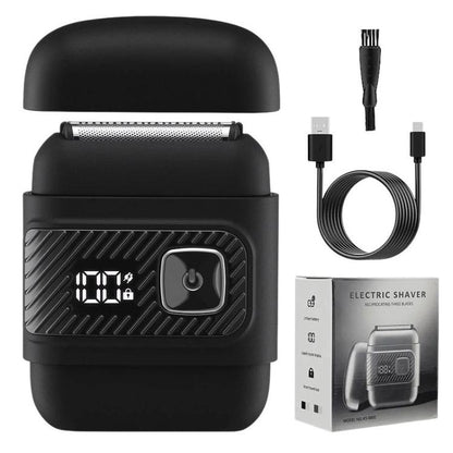 Black reciprocating electric shaver with LCD screen and charging cable set