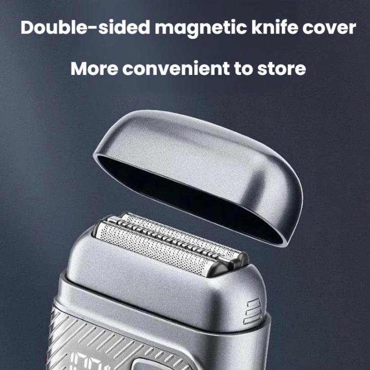 Electric shaver with magnetic blade cover open and foil head, silver body