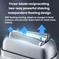 Reciprocating electric shaver head with three-blade cutter and floating design