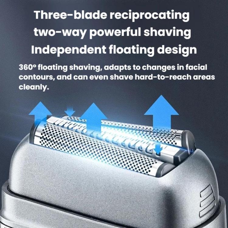 Reciprocating electric shaver head with three-blade cutter and floating design