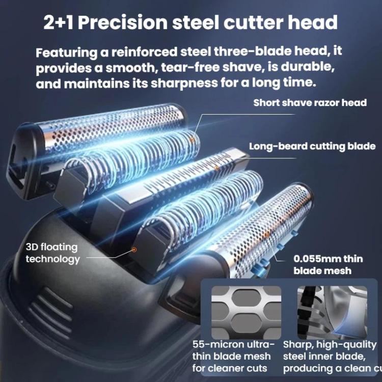 Electric shaver cutter head detail with thin blade mesh and 3-blade assembly