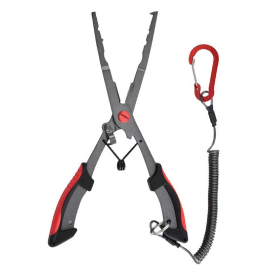 Fishing hook remover pliers with wire safety rope and open retrieval hook, red handle inserts