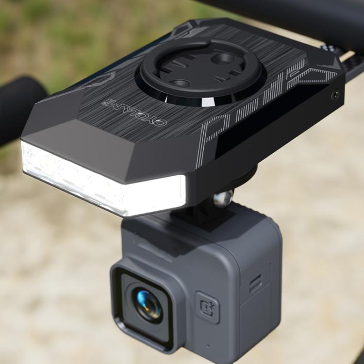 Bike light with front white LED strip and bottom camera-style module, black
