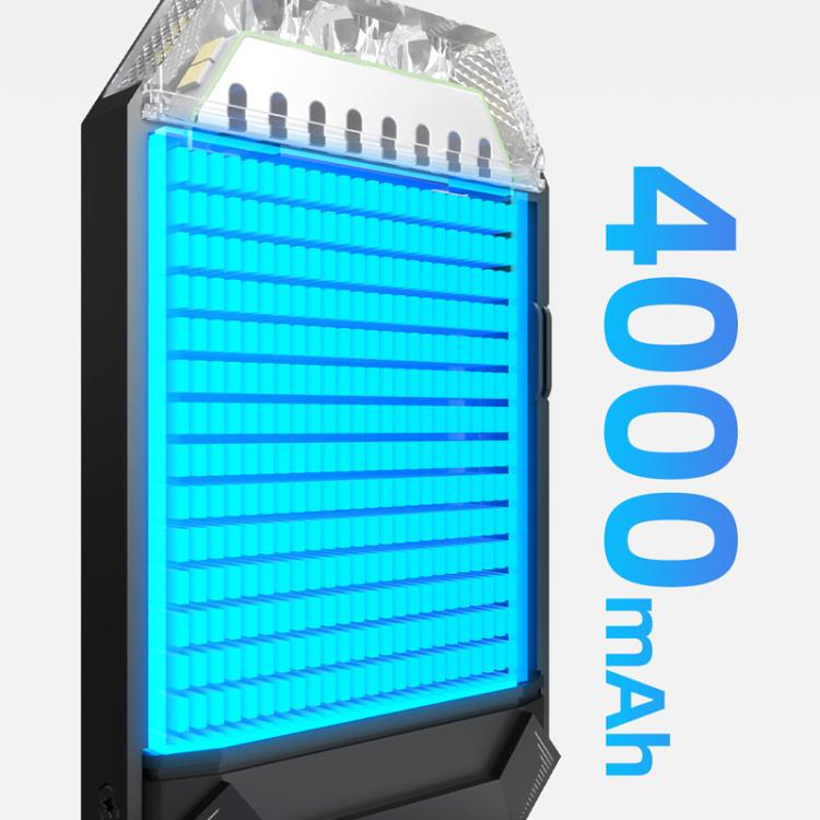 Bike light housing with bright blue LED panel, front view, black frame