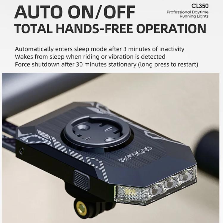 Bike light with circular control mount and front LED lens, black housing
