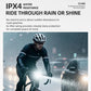 Weather-ready bike light with front LED lens and rugged black housing