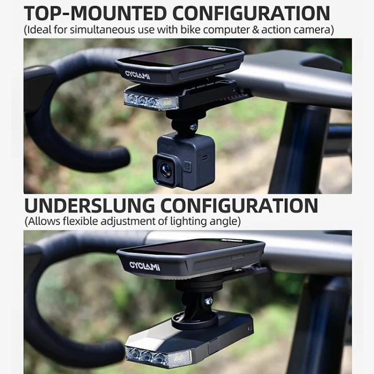 Bike light with top-mounted and under-slung brackets for adjustable lighting angle
